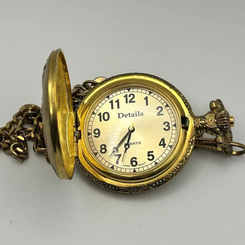 Vintage Details Gold Tone Truck Emblem Cover Pocket Quartz Watch